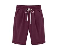 Women's Shorts Knee Length Straight Leg Drawstring Elasticated High Waist Trendy Ladies Holiday Essentials Bermuda Wide Leg Comfy Baggy Lounge Wear Cotton Casual Athletic Shorts with Pockets Wine