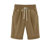 Women's Shorts Knee Length Straight Leg Drawstring Elasticated High Waist Trendy Ladies Holiday Essentials Bermuda Wide Leg Comfy Baggy Lounge Wear Cotton Casual Athletic Shorts with Pockets Coffee