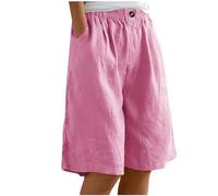 Women's Shorts Loose Wide Leg Cotton Linen Shorts Ladies Comfy Summer Bermuda Cargo Work with Pockets Casual Plain Long Elasticated High Waist Stretch UK Size 8 10 12 14 16 18