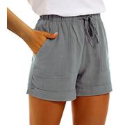 Women's Shorts Pants Trousers Summer Weekend High Waisted Cotton Linen Cropped Capri Jeans Elastic Waist with Pockets Wide Leg Lightweight Grey