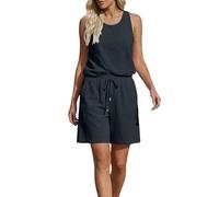 Womens Shorts Set Linen O Neck Sleeveless Tank Top and Elastic Waist Shorts with Drawstring Gray Going Out Casual Comfy 2 Piece OutFits Fashion Quick-drying Holiday Clothing UK 14