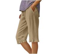 Women's Shorts Summer Casual Linen Shorts Ruffle Hem 3/4 Knee Length Pants Ladies Elastic Waist Culottes Solid Color Lightweight Comfy Activewear Beach Walk Bottoms with Pockets Khaki