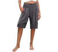 Women's Shorts Summer Casual Linen Shorts Tummy Control 3/4 Knee Length Capri Pants Vacation Ladies Elastic Waist Culottes Solid Color Lightweight Activewear Beach Walk Bottoms with Pockets Dark Gray
