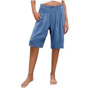 Women's Shorts Summer Casual Linen Shorts Tummy Control 3/4 Knee Length Capri Pants Vacation Ladies Elastic Waist Culottes Solid Color Lightweight Activewear Beach Walk Bottoms with Pockets Sky Blue