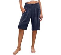 Women's Shorts Summer Casual Linen Shorts Tummy Control 3/4 Knee Length Capri Pants Vacation Ladies Elastic Waist Culottes Solid Color Lightweight Activewear Beach Walk Bottoms with Pockets Navy