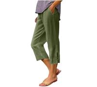 Womens Shorts Summer Cotton Linen Long Shorts for Women UK 3/4 Sleeve Trousers Knee Length Short Elastic Waist Lightweight Plain Loose Casual Pants Ladies Culottes Beach Walk Bottoms with Pockets