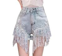 Women's Shorts Summer Trousers Jeans Casual Plain High Waisted with Diamonds Studded Heavy Tassel A Word Wide Leg Hot Pants Short Running Trousers Summer Trousers Lightweight Outfit Gym Sports, blue