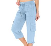 Womens Shorts Walking Cargo 3/4 Length Hiking Shorts Lightweight Summer Capri Cropped Outdoor Pants with Multi Pockets Drawstring Elastic Waist Ladies Work Short Pants Loose Slim Fit Short Trousers
