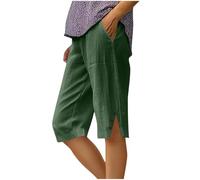 Womens Shorts with Pockets Flow Summer Cotton Linen Elasticated Waist Shorts with Pockets Wide Leg Lightweight Breathable Knee Length Pants Loose Fit Casual Comfy Holiday Beach Pants Army Green