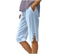 Womens Shorts with Pockets Flow Summer Cotton Linen Elasticated Waist Shorts with Pockets Wide Leg Lightweight Breathable Knee Length Pants Loose Fit Casual Comfy Holiday Beach Pants