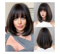 Women'S Shoulder Length Wig Bob Short Straight Hair Black Blonde Highlights Snapback Layered Wig Full Head Set(ColdBrown)