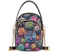 Womens Shoulder Purse Cute Animal Chain Strap Cell Phone Handbag Quilted Zipper Designer Bowler Tote Colorful Succulent Floral Print 5.91x3.15x8.27inches