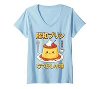 Women's Showa Pudding Retro Japanese Kissaten Cafe Nostalgic Dessert V-Neck T-Shirt