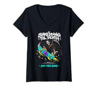Women's Shredding Till Death and Then Some Grim Reaper Skateboard V-Neck T-Shirt