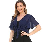 Womens Shrug Chiffon Shawl Wraps Open Front Tie Top Cardigan for Evening Dress, Navy Blue, S-M
