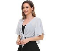 Womens Shrug Chiffon Shawl Wraps Open Front Tie Top Cardigan for Evening Dress, Silver, Small-Medium