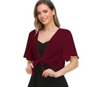 Womens Shrug Chiffon Shawl Wraps Open Front Tie Top Cardigan for Evening Dress, Wine Red, Small-Medium