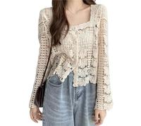 Women'S Shrugs, Elegant Floral Lace Shrug Summer Crochet Short Coat Women'S Long Sleeves Shrug Cardigan Shoulder Jacket Hollow Out See Through Open Front Cover-Up For Dresses,Beige,S
