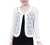 Women'S Shrugs,Summer Short Coat Round Neck Lace Hollow Out Shrug Women'S Long Sleeves Shrug Elegant Shoulder Jacket See Through Open Front Cover-Up For Wedding,White,M