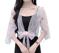 Women's Shrugs,Women's 3/4 Sleeve Shrug Summer Crochet Floral Lace Bolero Cardigan Mesh Embroidery Jacket Dolman Sleeve Elegant Shoulder Jacket See Through Cover-Up for Dresses,Pink,M