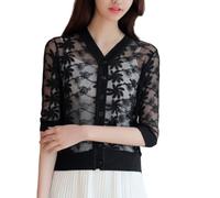 Women's Shrugs,Women's Lace Bolero Shrug Short Cardigan Knitted 3/4 Sleeves Flower Blouse Shirt See-Through Tunic Open Front Cardigan Boho Mesh Festival Jacket Cover-Ups for Dresses,Black,L