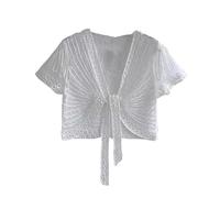 Women'S Shrugs,Women'S Short Sleeve Shrug Summer Crochet Floral Lace Bolero Cardigan Mesh Black Embroidery Jacket Front Tie Elegant Shoulder Jacket See Through Cover-Up For Dresses,White,Xxl