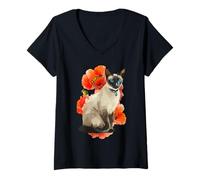 Womens Siamese Cat in Poppy Field Mom Dad Floral Flowers Cat Lovers V-Neck T-Shirt