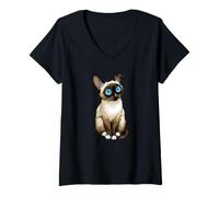 Women's Siamese Cat Lover Cute Hand Drawn Blue Eyed Kitten Art V-Neck T-Shirt