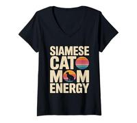 Women's Siamese Cat Mom Energy Retro Sunset Vibes V-Neck T-Shirt