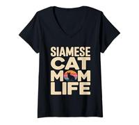 Women's Siamese Cat Mom Life Retro Sunset V-Neck T-Shirt
