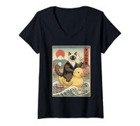 Women's Siamese Cat Ninja Japan Vintage Japanese Ukiyo-e Art V-Neck T-Shirt