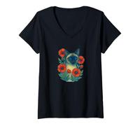 Womens Siamese Cat with Poppies Elegant Floral Feline Art Design V-Neck T-Shirt