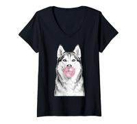Women's Siberian Husky Dog Blowing Bubble Gum Sketch V-Neck T-Shirt