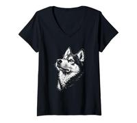 Women's Siberian Husky Portrait Black and White Dog Lover V-Neck T-Shirt