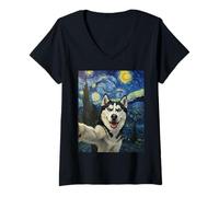 Womens Siberian Husky Starry Night Van Gogh Dog Selfie Canine Husky V-Neck T-Shirt