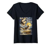 Women's Siberian Husky Starry Night Van Gogh Howling Dog Husky V-Neck T-Shirt