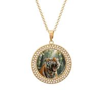 Women's Siberian Tiger in The Forest Diamond Necklace Round Pendant Necklace 19.7 Inch Adjustable Chain Memorial Necklaces for Friendship Couple Everyday Wear Jewelry Gift for Girlfriend Wife Mom, One
