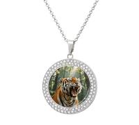 Women's Siberian Tiger in The Forest Diamond Necklace Round Pendant Necklace 19.7 Inch Adjustable Chain Memorial Necklaces for Friendship Couple Everyday Wear Jewelry Gift for Girlfriend Wife Mom, One