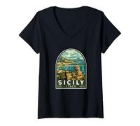 Womens Sicily Italy Travel Art Emblem Vintage V-Neck T-Shirt