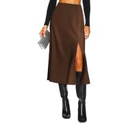 Women's Side Slit A Line Satin Midi Skirt Elastic High Waisted Cheetah Leopard Print Silk Long Skirts for Women, Chocolate Brown, M
