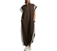 Women's Side Striped Zip Up Jumpsuit, Contrast Short Sleeve Stand Collar Rompers, Casual One Piece Loose Overalls (Coffee,Large)