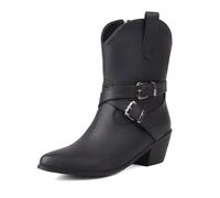 Womens Side Zip Ankle Boots Block Heel with Double Buckle Straps for City Walking,Black,3 UK