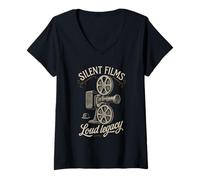 Womens Silent Film Vintage Projector Retro Cinema Reel Movie Camera V-Neck T-Shirt