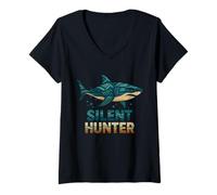 Womens Silent Hunter Shark Ocean Tribal Style V-Neck T-Shirt