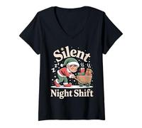 Womens Silent Night Shift Funny Elf Xmas Boys Girls Kids V-Neck T-Shirt