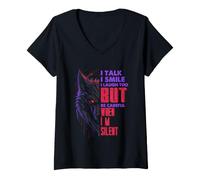 Women's Silent Wolf Warning Quote Dark Humor Animal Graphic V-Neck T-Shirt