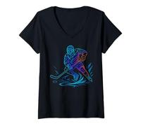 Womens Silhouette Sports Puck Athlete Action Art Hockey Player V-Neck T-Shirt