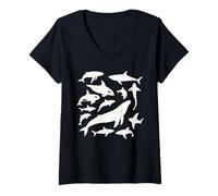 Womens Silhouette Whale Pod Design with Orcas Sharks and Dolphins V-Neck T-Shirt