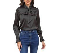Women's Silk Button Down Blouse Bow Tie Neck Long Sleeve Dressy Elegant Office Work Blouse, Black, M