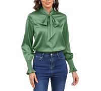 Women's Silk Button Down Blouse Bow Tie Neck Long Sleeve Dressy Elegant Office Work Blouse, Green, S